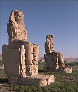 Colossi of Memnon.  Misnamed by ancient Greek tourists for Memnon, a hero of the Trojan war, they are statues of Amenhotep III, the only remains of the temple that once stood on this site.